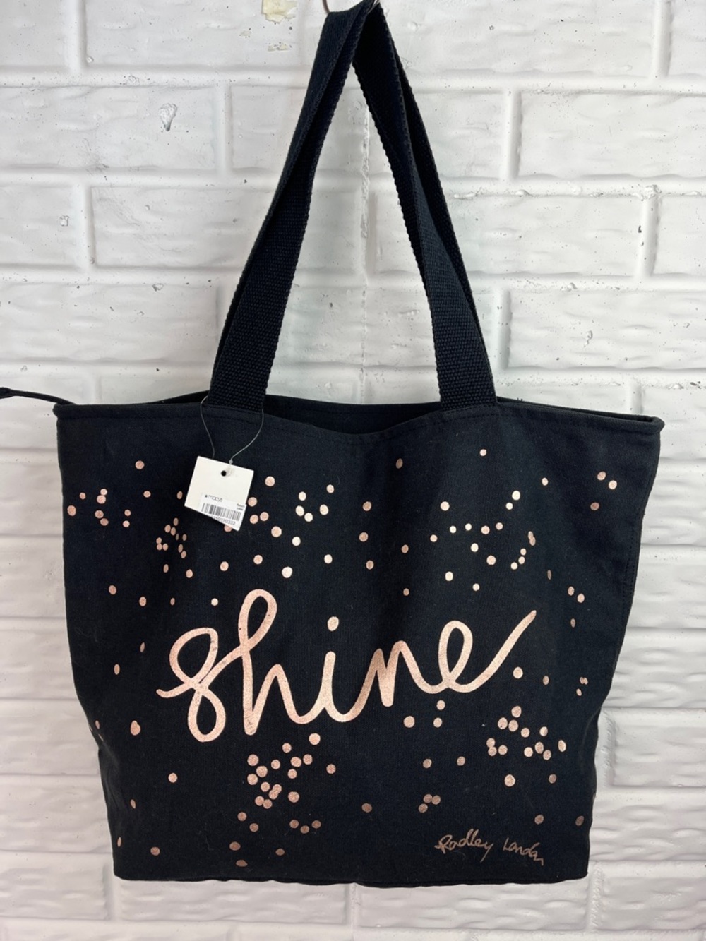 RADLEY LONDON CANVAS ZIPPER TOP TOTE BLACK WITH ROSE GOLD “SHINE” AND DOG NWT